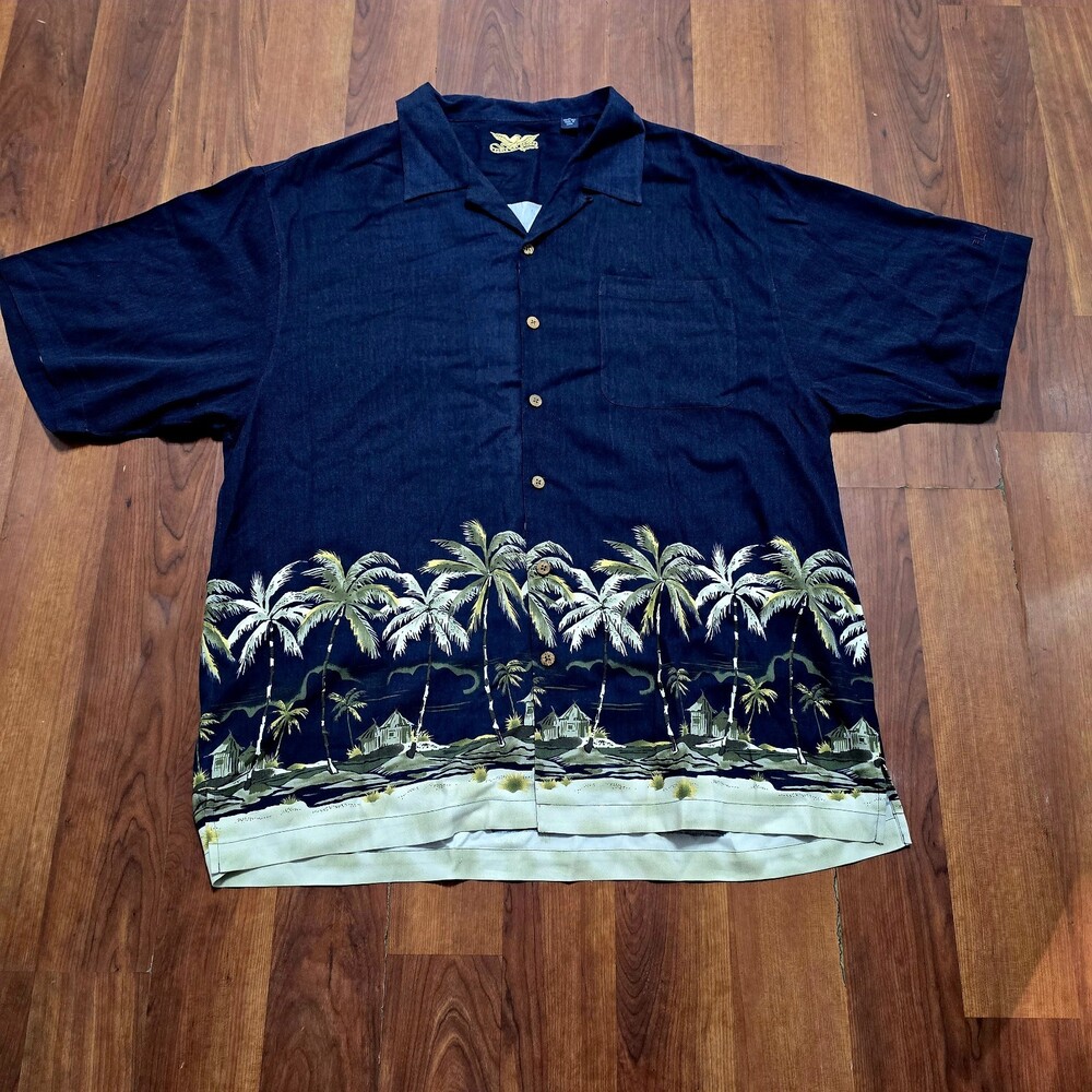 Eagle Dry Goods Floral Palm Tree Beach Vacation Hawaiian Navy Blue Shirt XL Silk